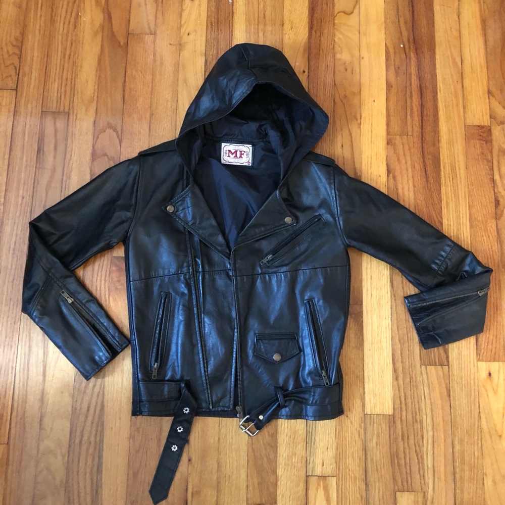 Genuine leather hooded moto jacket